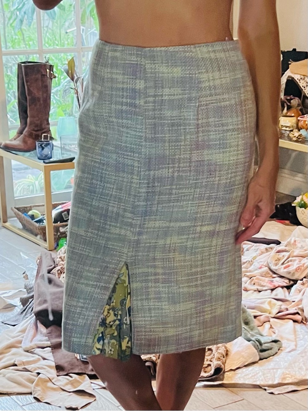 Bergamo Pastel Tweed Belted Blazer w Skirt in Lavender & Green - Picture 6 of 9